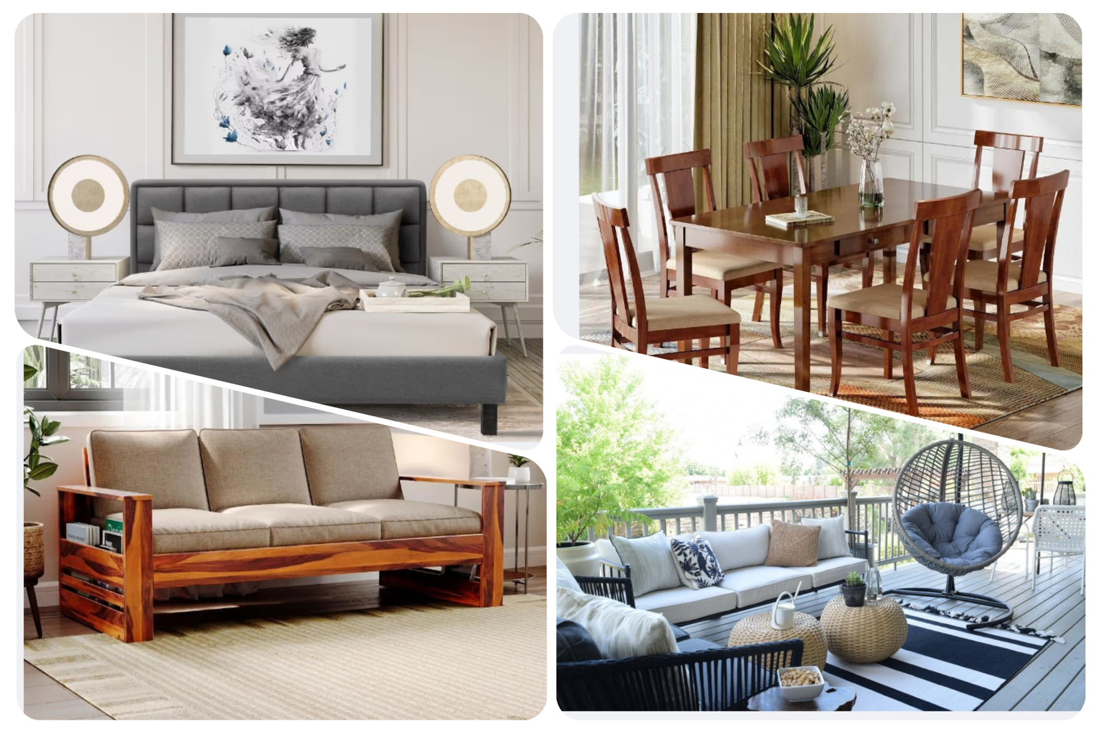 Images of various home furnitures in AK Furniture like bed, dining table set, outdoor furniture etc.